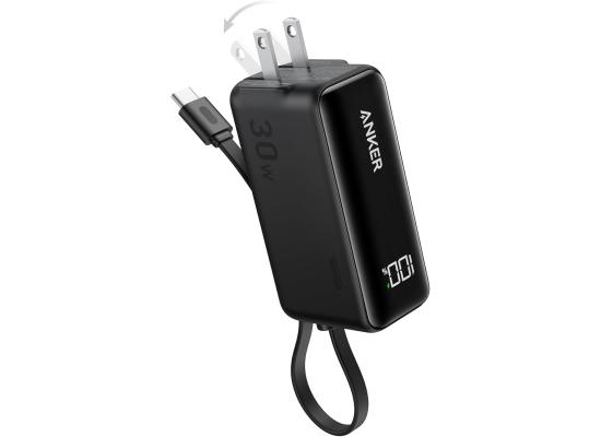 Anker Power Bank USB C Charger Block, 3-in-1 5,000mAh Portable Charger with Built-in USB-C Cable and Foldable AC Plug, 30W Max Compact Battery Pack, for iPhone 15 Series, Galaxy, MacBook, and More - Black